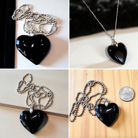 Chic Solid Glass Black Heart Pendant Necklace 20” chain - Picture 16 of 16